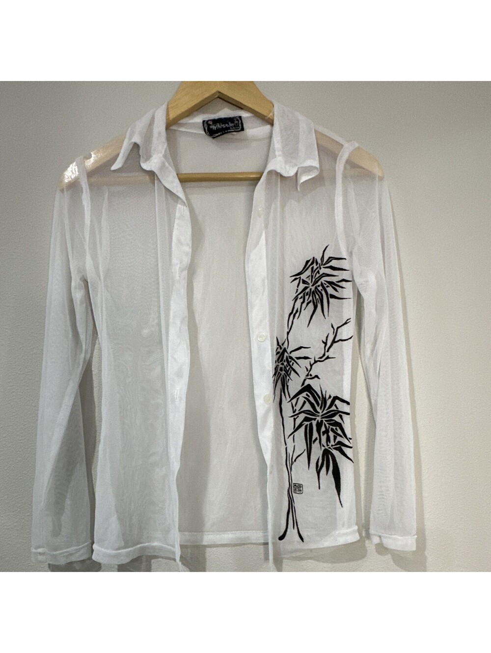 Vintage Y2K-era Sheer Mesh Button-up Top Black Bamboo Graphic Size Small